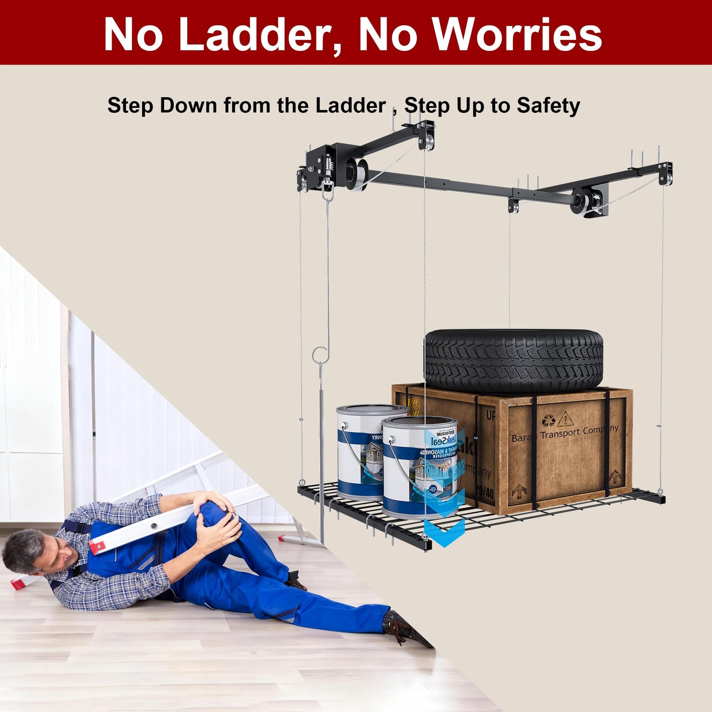 Leavader Manual Garage Storage Lift 4x4 FT for 10-12 ft Ceilings, Crank Down Overhead Storage Rack with Safety Lock, Heavy Duty Steel Garage Ceiling Storage System, 250LBS Capacity