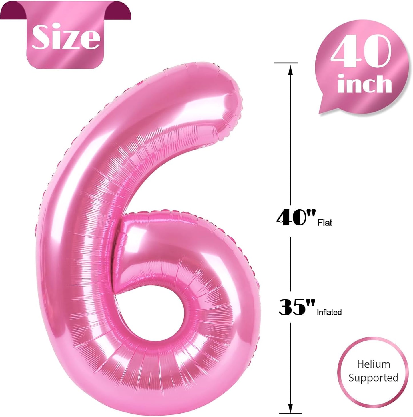 Pink Number 6 Balloon - 40 Inch Giant Foil Balloon for 6th Birthday Party Decorations
