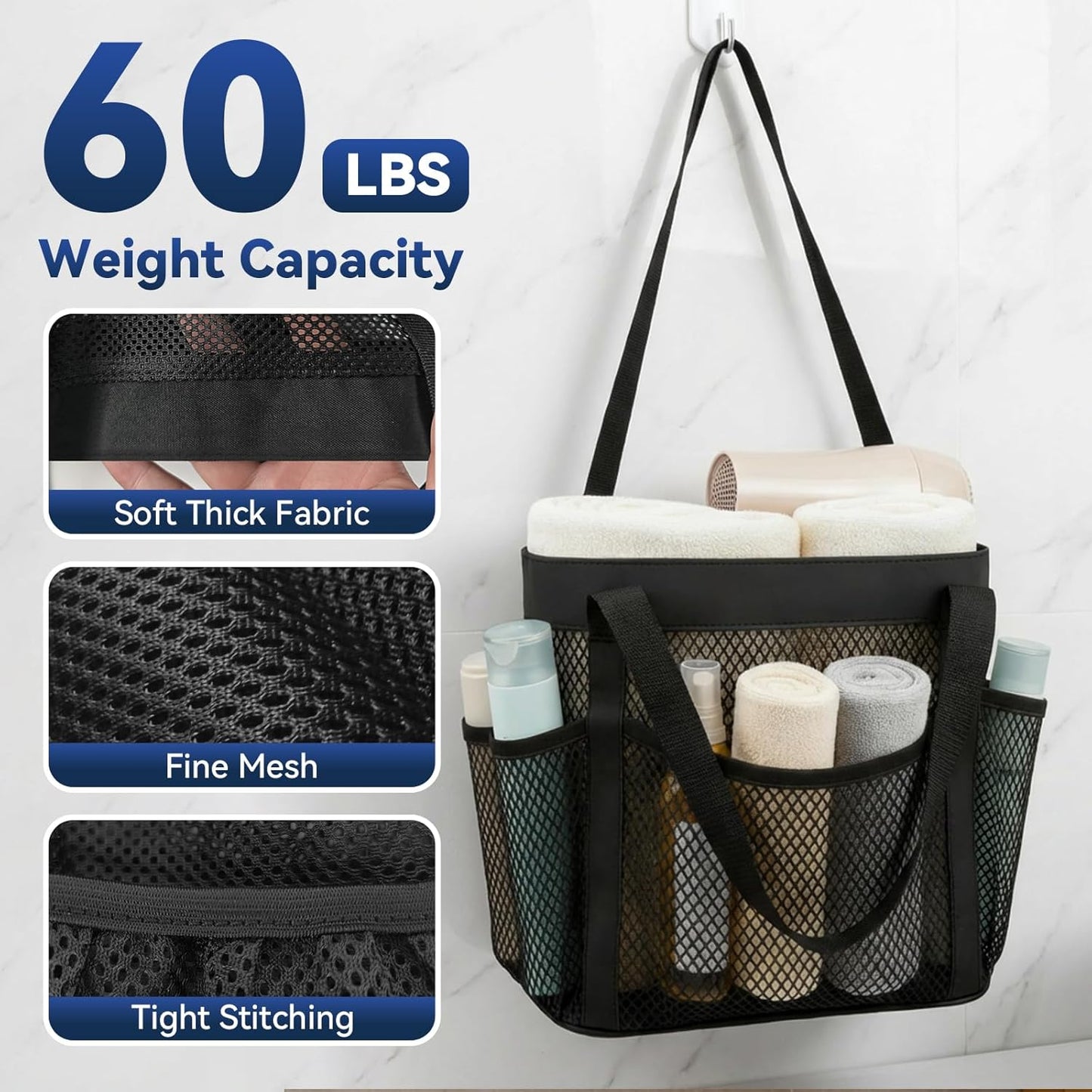 YASONIC Mesh Shower Caddy - Portable 8-Pocket Shower Bag with Double Handles | Black for Dorm & Gym Use
