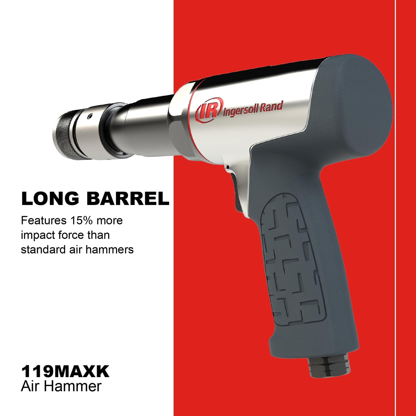 Ingersoll Rand 119MAXK 3 1/2" Stroke Long-Barrel Air Hammer Kit, Max Rotational Speed Up to 2,530 BPM, Includes 5 Chisel Attachments