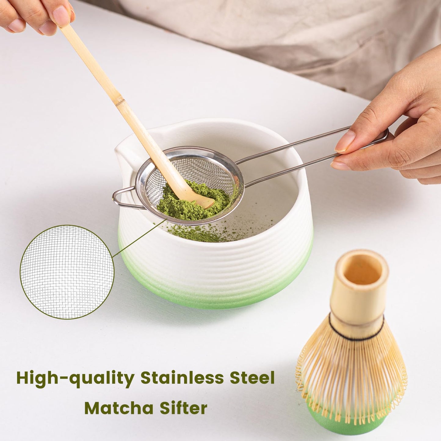 Nardo Visgo Matcha Whisk Set - 7PCS Japanese Tea Set Includes Matcha Bowl with Spout, Bamboo Whisk with Ceramic Holder, Bamboo Scoop, Scoop Stand, Sifter and Tea Towel, Matcha Making kit for Women Men