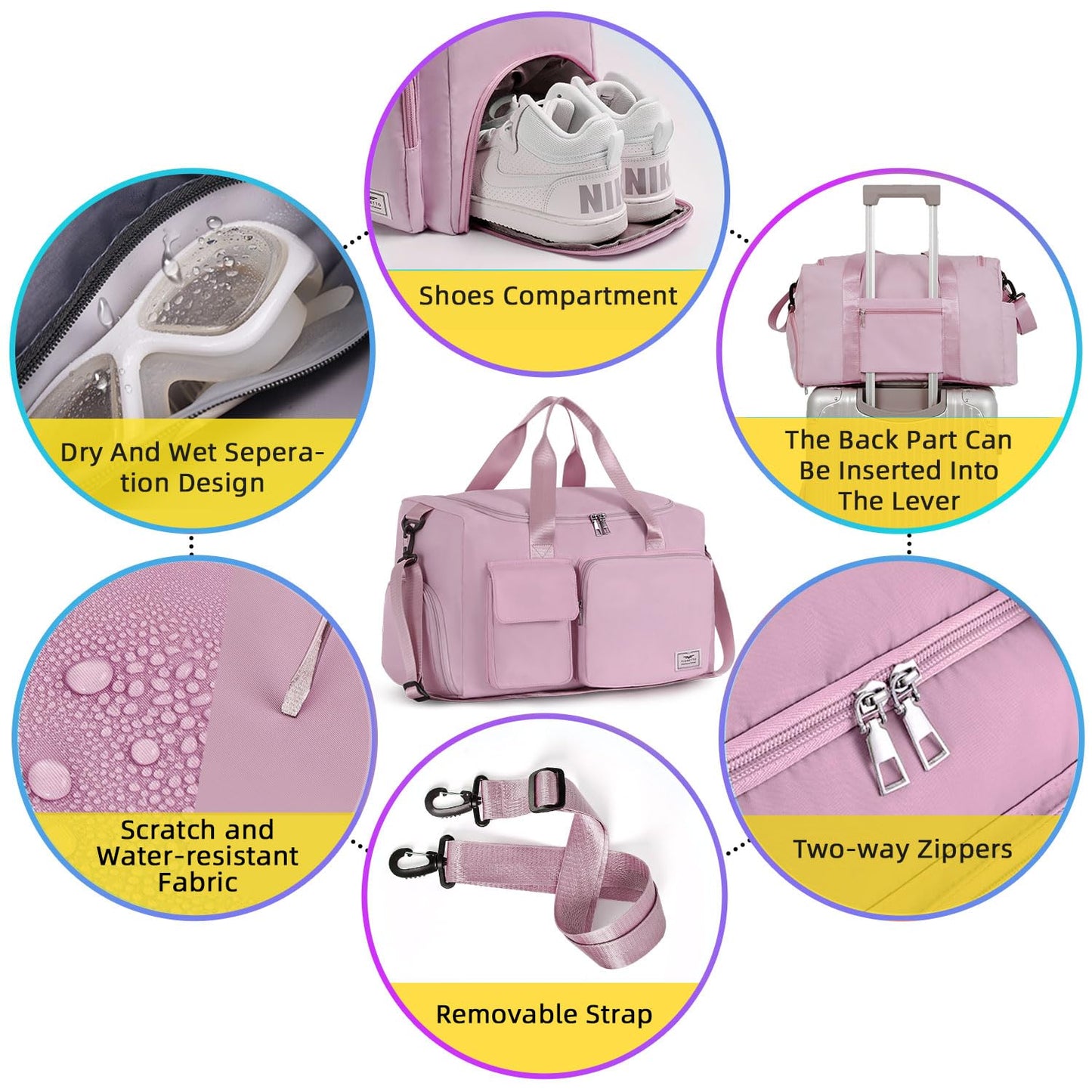 FIORETTO Women's Gym Duffle Bag with Shoes Compartment, 30L Capacity, Ideal for Travel, Gym, Sports, Duffel, Weekender, Pink