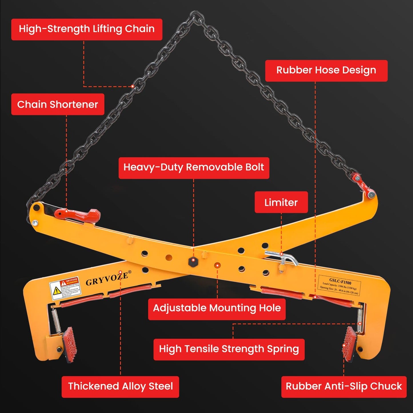 GRYVOZE 3306 lbs Granite Slab Lifting Clamp, Adjustable Range: 26"-49.6", Heavy Duty Stone Lifting Clamps for Carrying and Vertical Transport of Marble, Concrete Blocks, Slate Sheets, Curb Stones