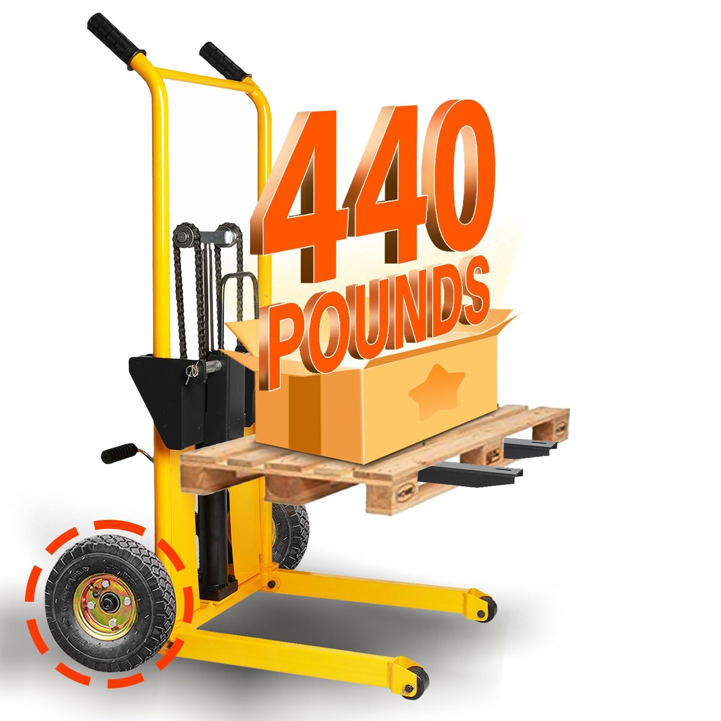Foldable Hydraulic Material Lift Dolly, Pallet Stacker, 440lbs Capacity, Removable Steel Platform & Fork Arms, with Pneumatic Tire, Winch Stacker (440 lb. Steam Tire Wheel)