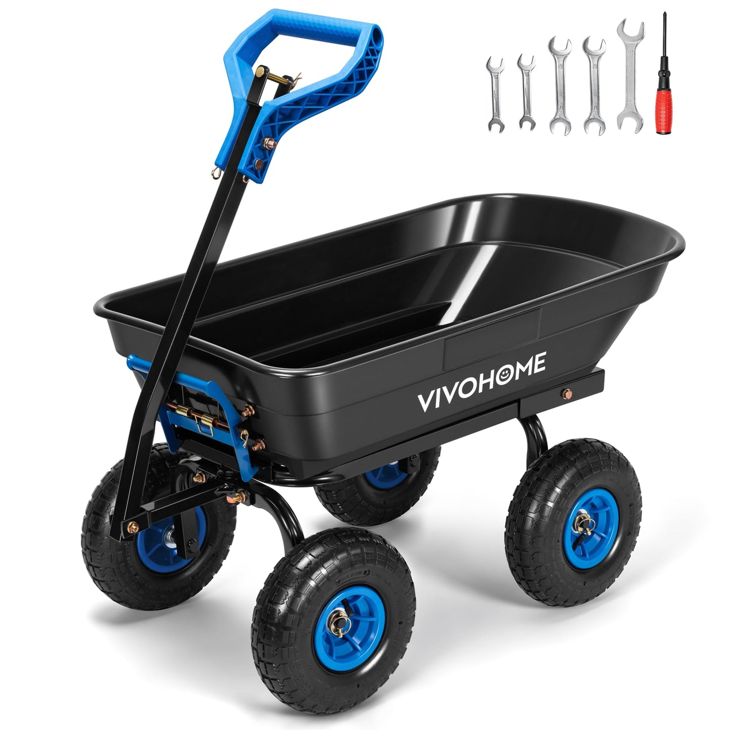 VIVOHOME 4 Cu.Ft 660lbs Wheelbarrow Garden Cart Dump Wagon with 2-in-1 Convertible Handle Attach to ATV or Tractor, 10" All Terrain Wheels, Quick Release Heavy Duty Utility Trailer for Yard-Blue