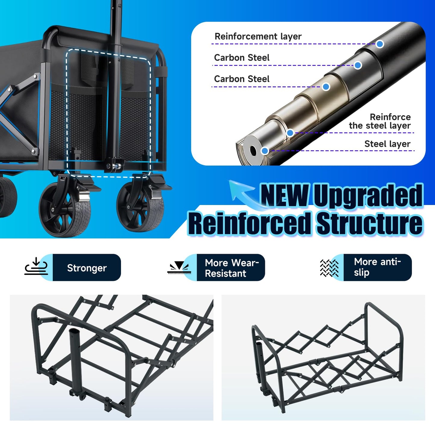Collapsible Wagon Cart Foldable with Wheels - 360LBS Large Heavy Duty Folding Utility Wagon with All-Terrain Wheels & Brakes for Shopping Garden Beach Camping, 2 Drink Holders/Lightweight/Black