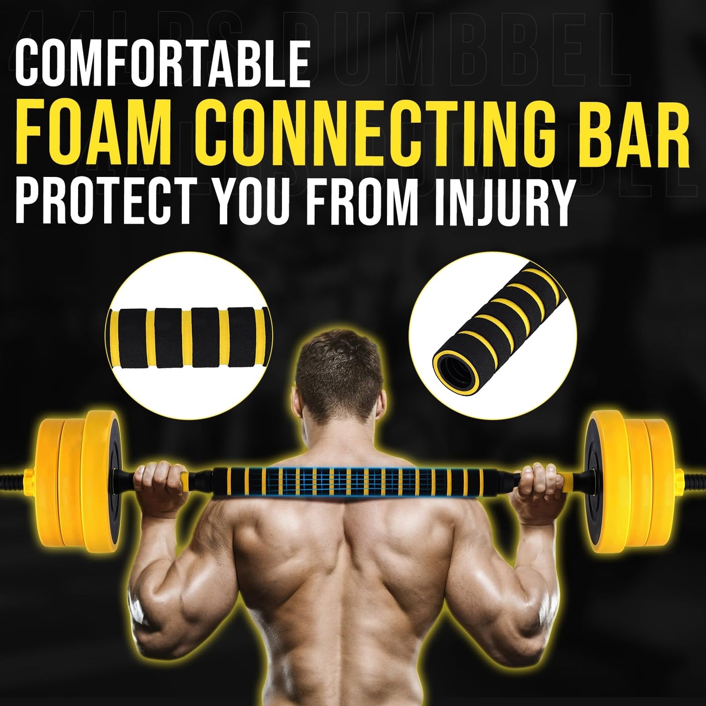 2-in-1 Adjustable Weight Set 44 Lb, Adjustable Weights with Foam Shoulder Connector Used As Dumbbell and Barbell Set, Yellow