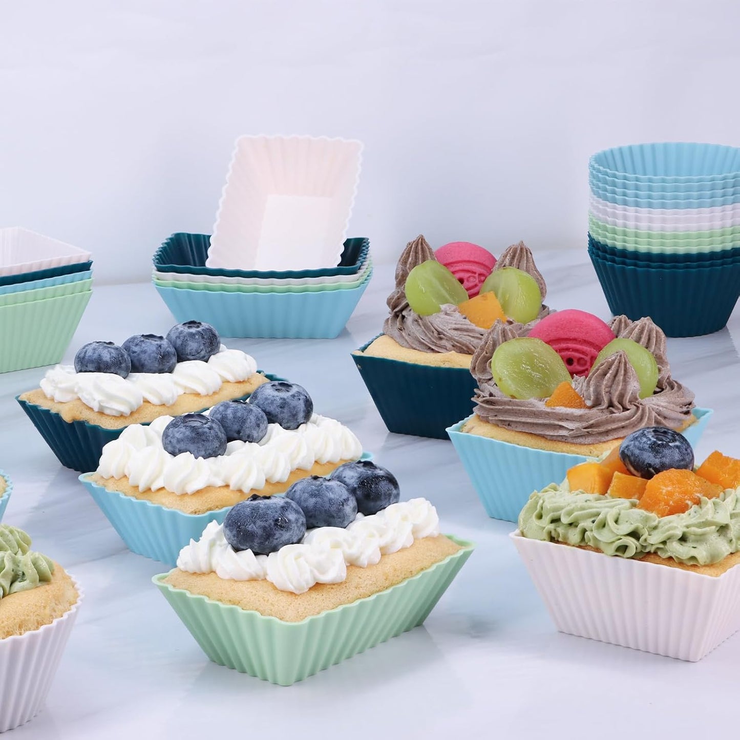 Skiennix Silicone Muffin Cups - 24-Pack Reusable Cupcake Liners in Neutral Colors | Round, Square & Rectangular