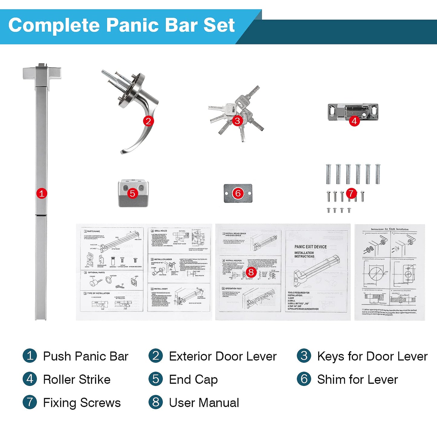 IRONWALLS Panic Bars for Exit Doors 41”, Stainless Steel Commercial Push Bar Panic Exit Device with Exterior Door Lever Handle, Push Bar Door Lock Emergency Door Hardware for 41”-53” Doors