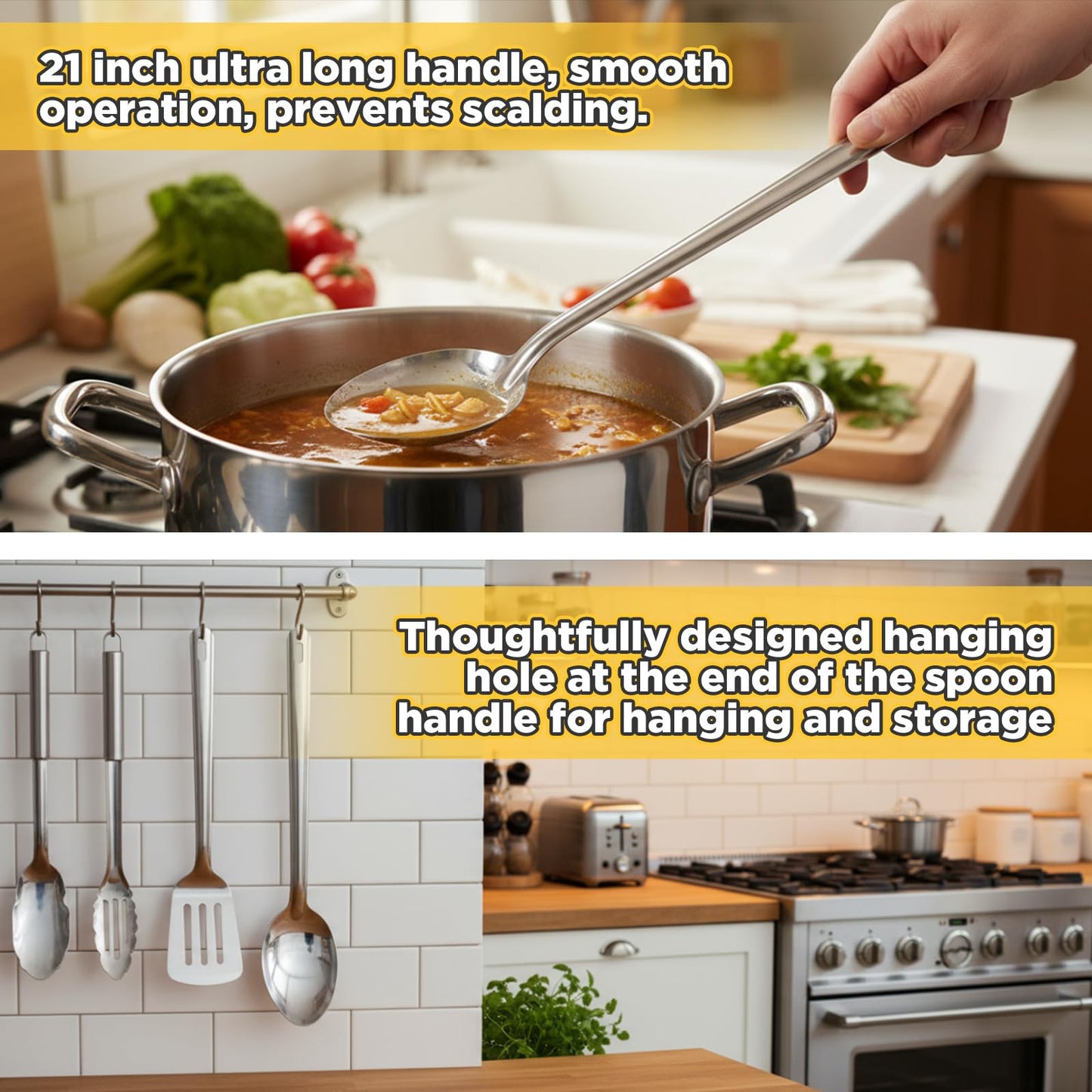 Sawysine 4 Pack 21'' Stainless Steel Spoons Extra Long Handle Stirring Spoons Giant Spoon Buffet Serving Spoon for Buffet Restaurant Brewing Cooking Serving Solid, with Thickness of 1.5mm