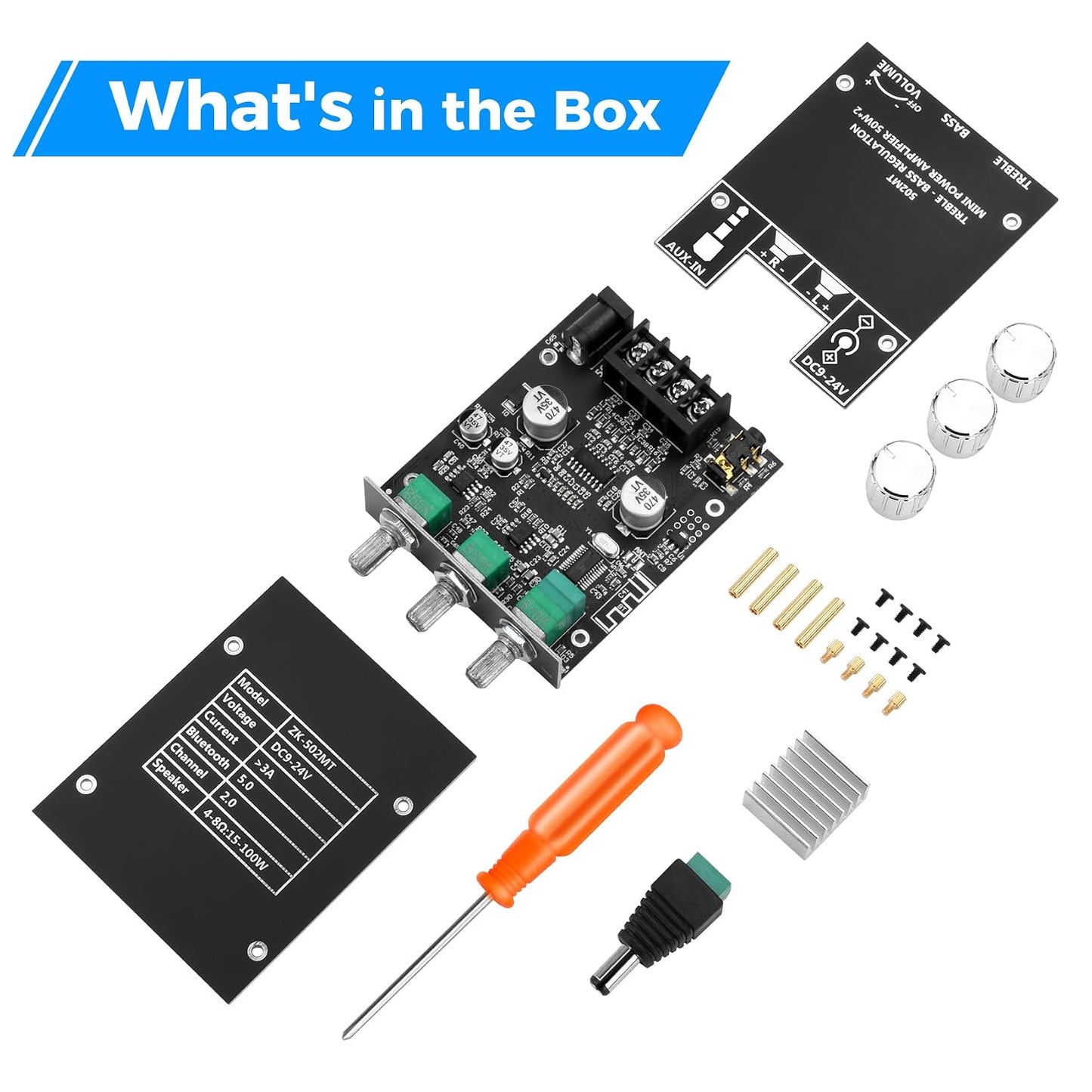 ZK-502MT Board,50W+50W 2.0 9-24V, Daakro Bluetooth Amplifier Channel Amp Board with Treble and Bass Control,DC