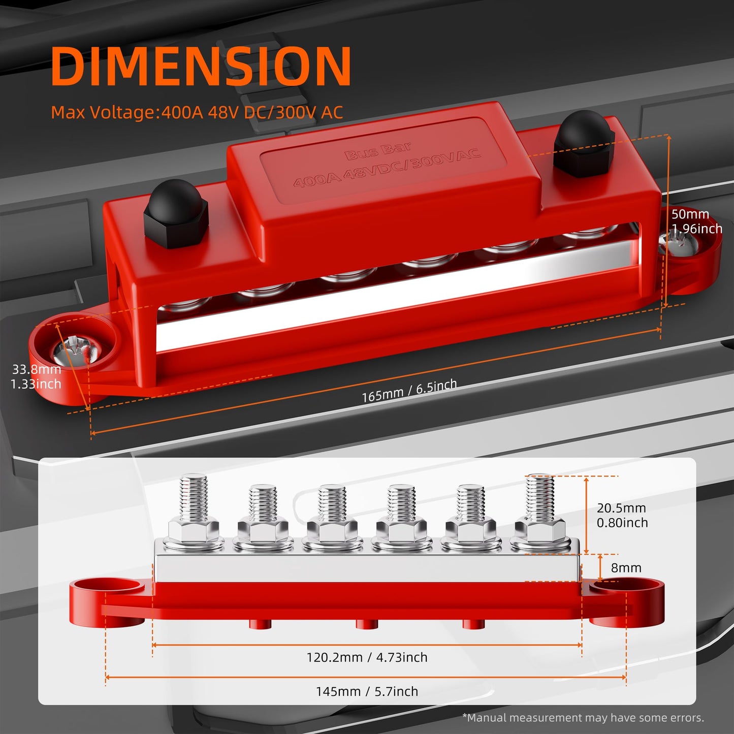 Joinfworld Heavy Duty 500A Bus Bar Waterproof Power Distribution Block with 4*5/16"(M8)+2*3/8"(M10) Studs + Bus Bar 400A 12V Power Distribution Block 6 x 5/16"(M8) Studs for Automotive, Car, Boat, Sol