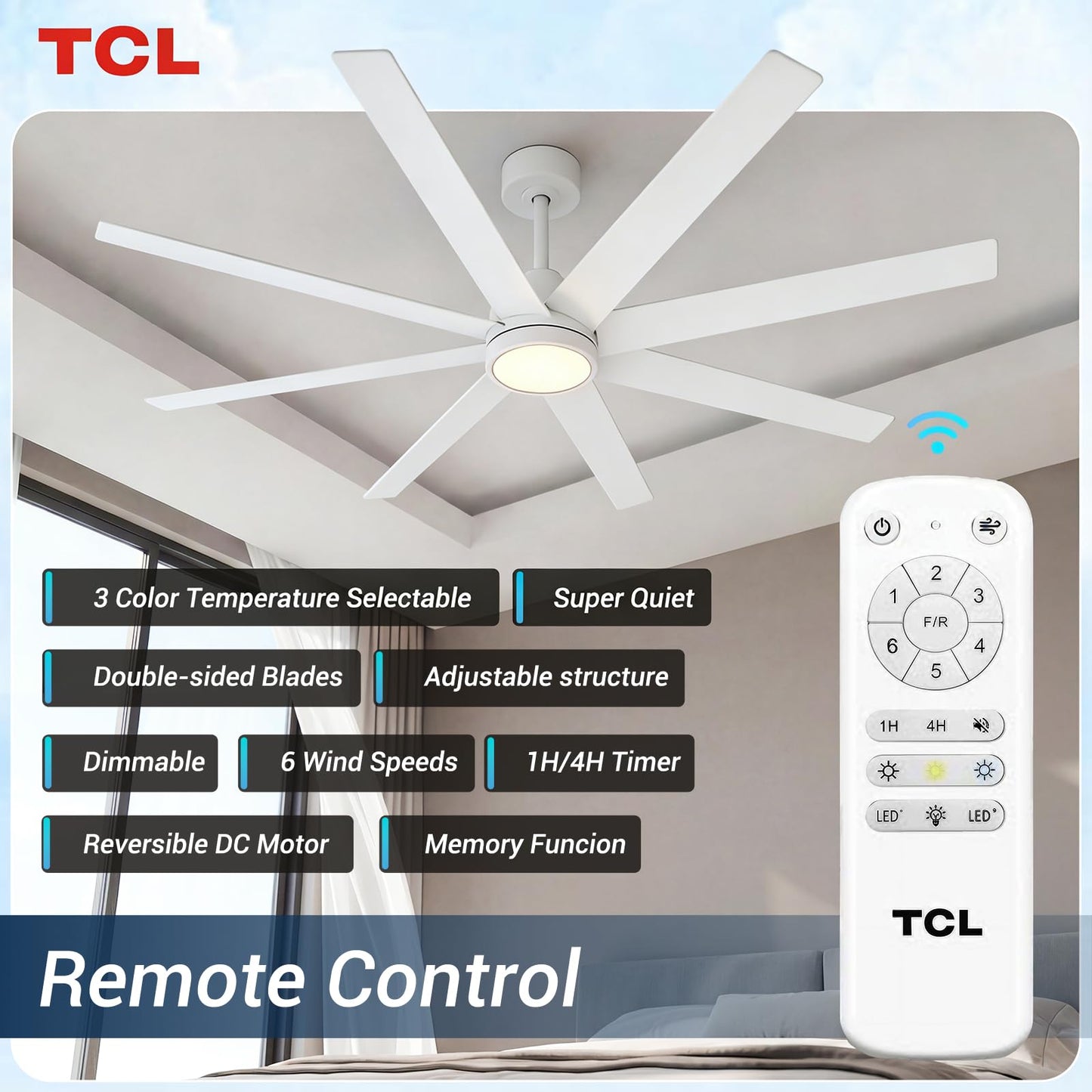 TCL 72 Inch Large Ceiling Fans with Lights and Remote, Quiet Modern Ceiling Fan, 3 CCT Dimmable Remember LED Reversible 8 Dual Side Blades for Living Room Patio Garage Indoor/Outdoor (white, 72)