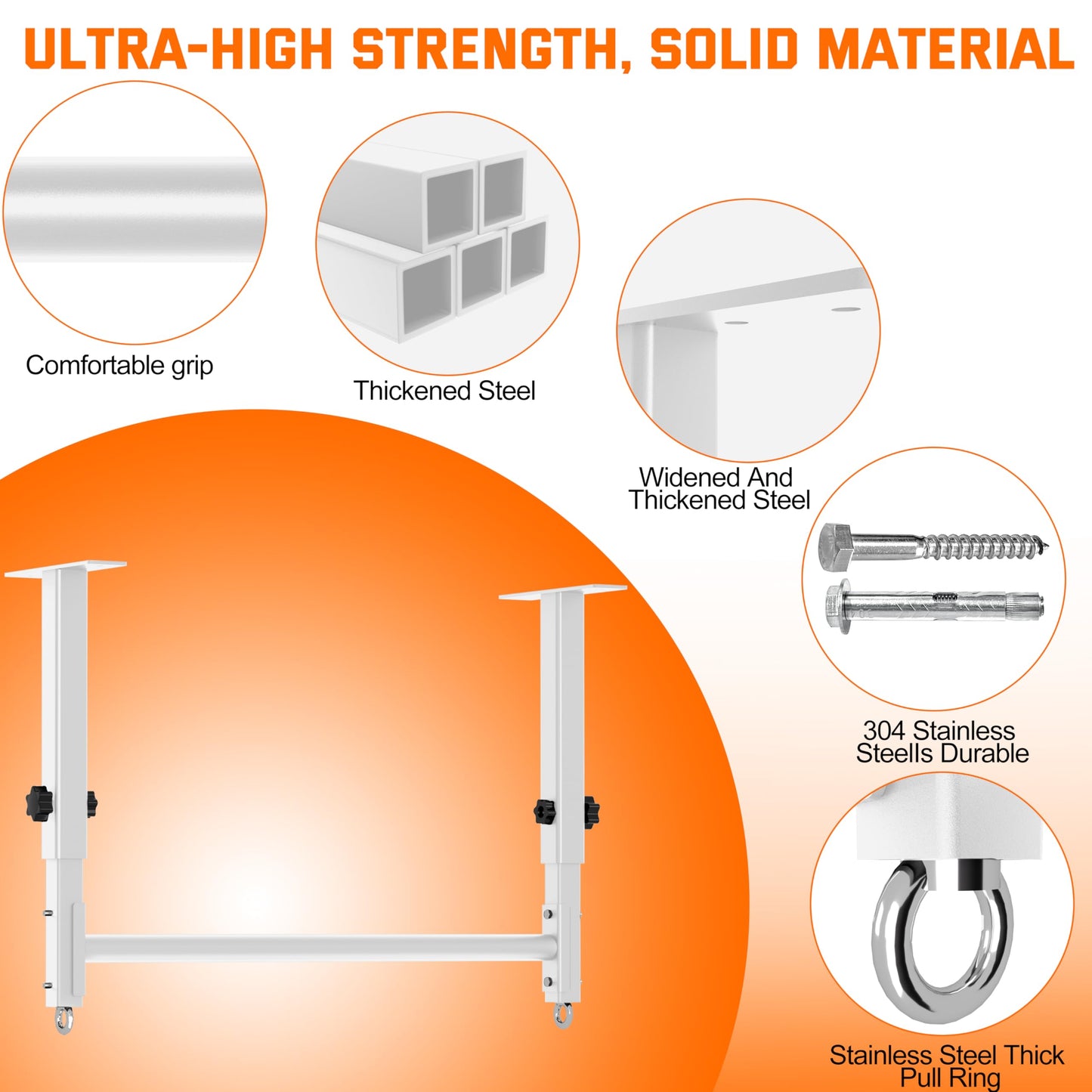 HWOOUSA 48" Ceiling Mount Pull Up Bar, Heavy Duty Multi-Grip Rafter Chin Up Bar for Garage/Basement/Backyard Ceiling Beam, Adjustable Height&Supports to 650 Lbs (White)