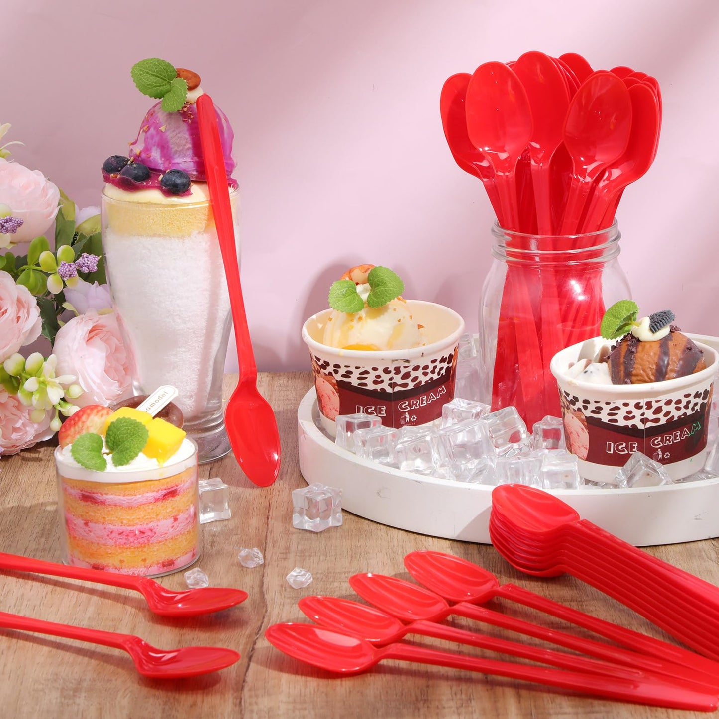 Potchen 200 Pcs Extra Long Spoons for Ice Cream Floats Plastic Sundae Spoons Bulk 8 Inch Long Handle Spoon Heavy Duty for Ice Cream Milkshakes Tea Cocktails Root Beer Float and Tall Beverages (Red)