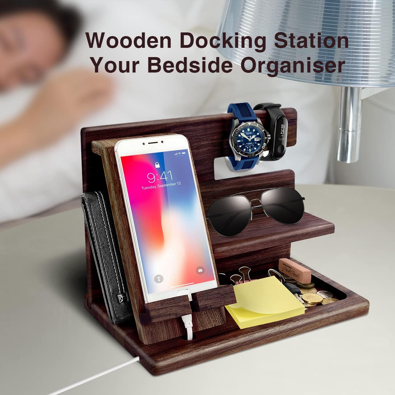 1STKER Gifts for Men Christmas, Wood Phone Docking Station, Mens Gifts for Birthday or Gifts for Dad Fathers Day, Desk