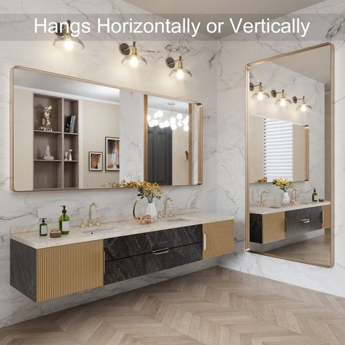 LOAAO Gold Bathroom Mirror - 72”x32” Rounded Rectangle Design | Wall-Mounted, Anti-Rust Tempered Glass