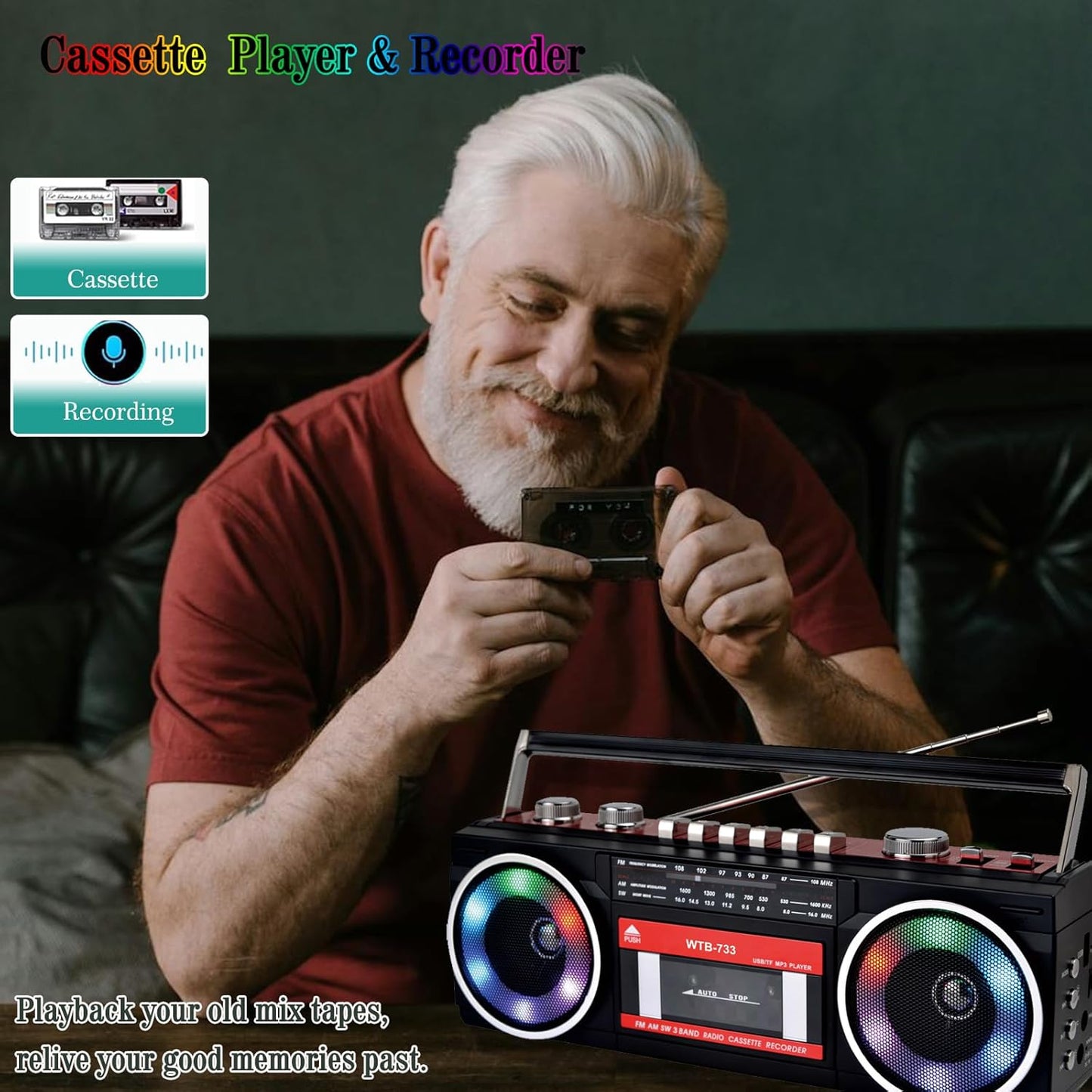 WISCENT 80's Cassette Retro Player Recorder with AM/FM/SW Radio, Bluetooth Boombox, USB, Built-in MIC for Voice