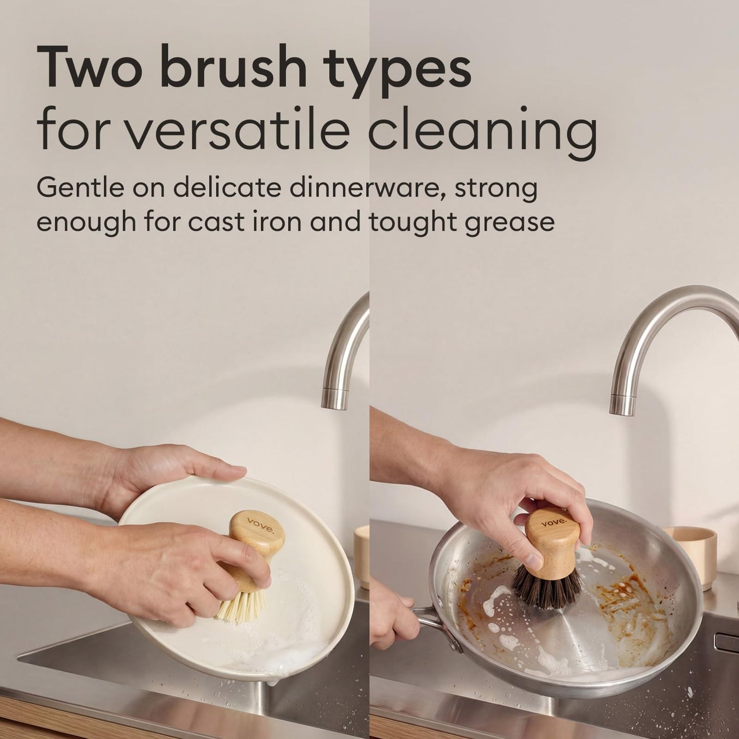 Vove Cleaning Essentials Set – Bamboo Dish Brush with Replacement Head, 2 Scrub Brushes, 2 Scrub Sponges – FSC Certified, Plastic-Free, Natural Bristles & Loofah – Eco-Friendly Kitchen Cleaning Kit