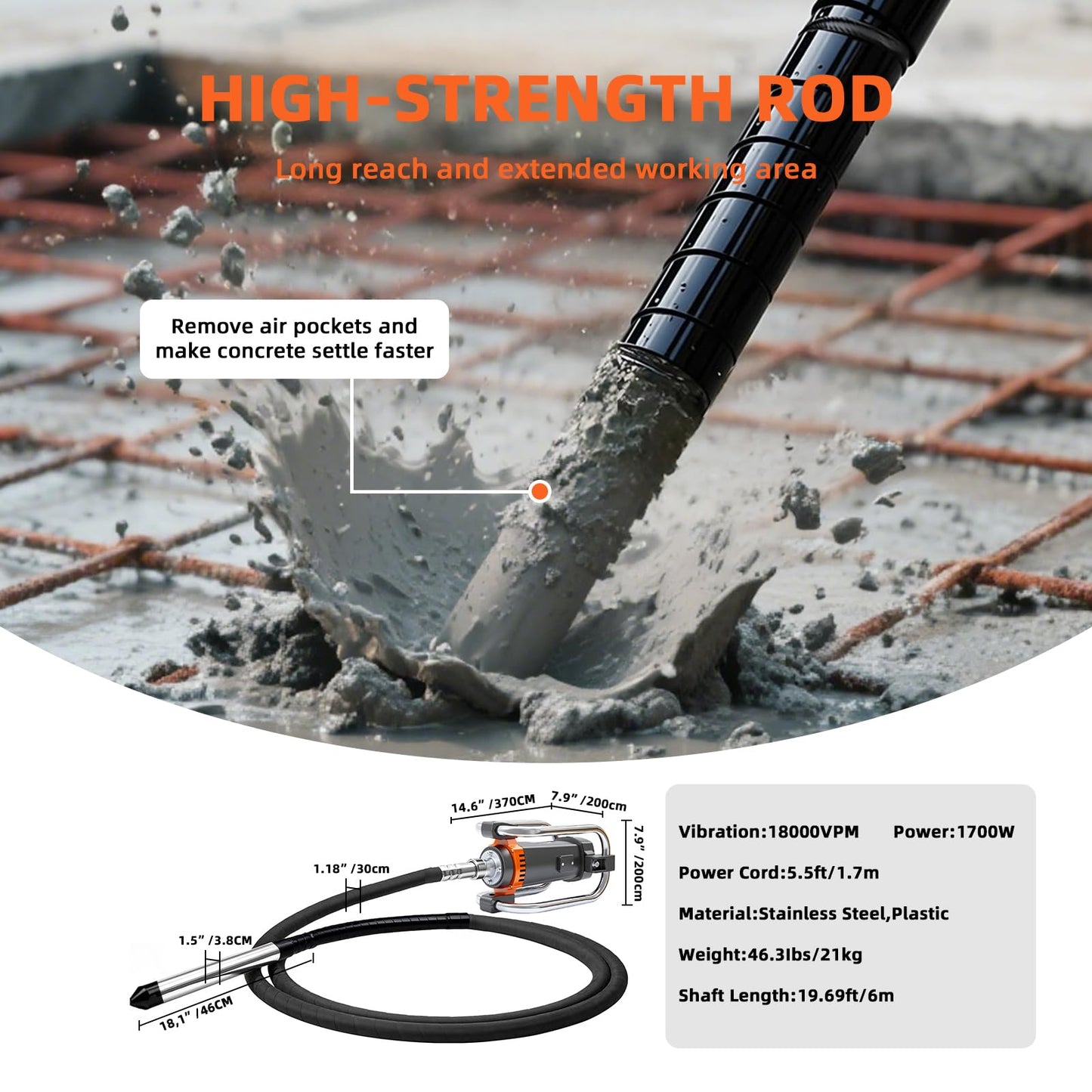 18FT Electric Vibrator Concrete Handheld,2HP 1700W 18000RPM Powerful Copper Motor Construction Insertion Cement Vibrator Remove Air Bubble,Mix Concrete with Flexible Shaft Long working area