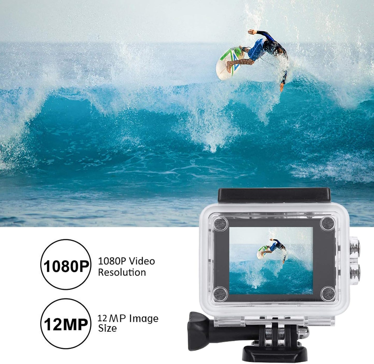 ASHATA A7 1080P 2.0in 30m 140 900mAh Action Camera Camcorder, HD, Screen, Waterproof, Wide Angle, Battery, Black