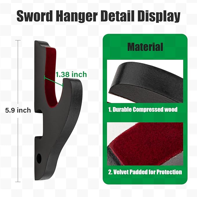 Sword Holder Wall Mount 1-Tier Velvet Padded Hook Katana Holder Adjustable Display Hanger for Samurai Sword Tanto Rapier Light Saber Cosplay Blade Tanjirou Demon Slayer Weapon Rack…