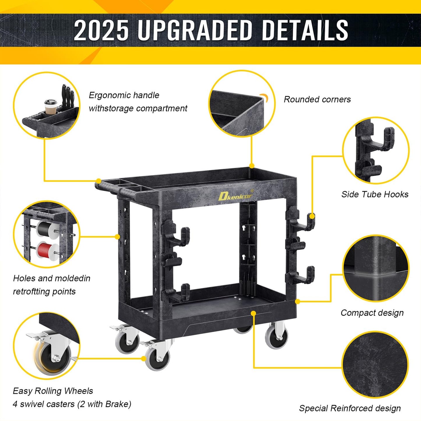 Heavy Duty Plastic Utility Cart 850Lbs, 34" x 17" Rolling Work Cart with Wheels - 2 Tier Service Cart for Warehouse/Garage/Garden - Upgraded 2 Side Tube Hooks, 360° Swivel Lockable Wheels