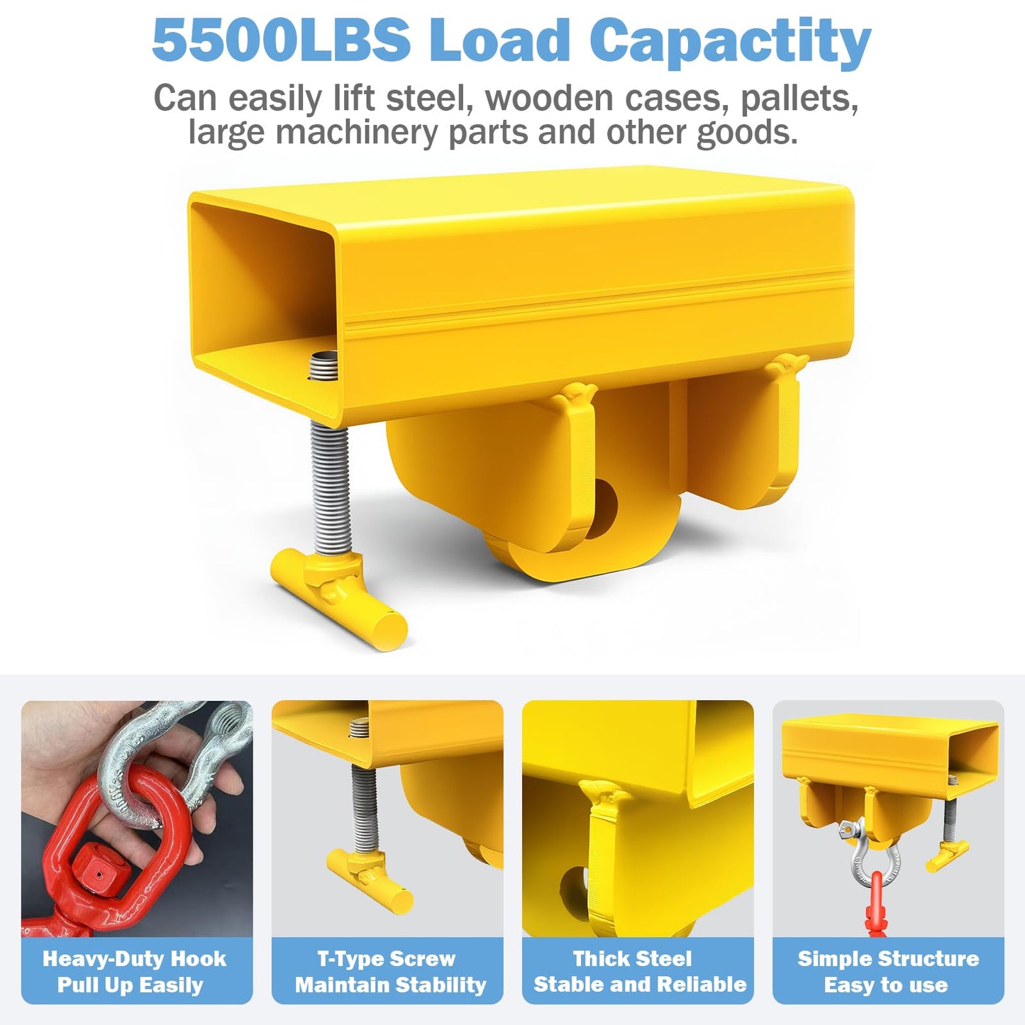 AUXHDK Forklift Lifting Hook Attachment, 5500lbs Capacity Hook Forklift Lifting Hoist, Heavy Duty Single Forklift Mobile Crane with Swivel Hook and Large T-Screws, Fork Lifting Hook Device Accessories