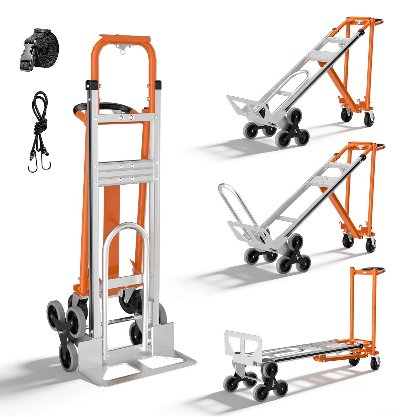 Aluminum 4 in 1 Convertible Hand Truck Dolly Cart with Wheels, 1000Lbs Capacity, Heavy Duty Stair Climbing Hand Trucks with Bungee Cord&Strap for Flat Ground & Stairs, Logistics, Home, Office, Orange