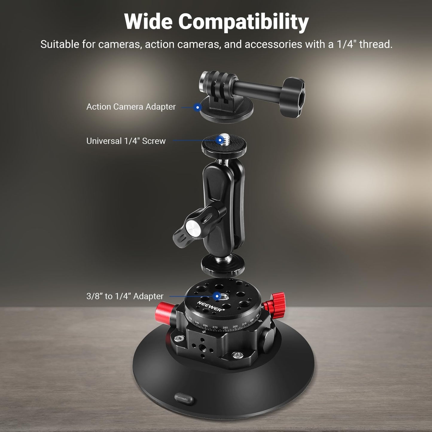 NEEWER 6"/15.2cm Camera Suction Cup Mount with Ball Head Magic Arm, Metal Suction Cup Mount on Car Windshield Dash for Camera/Action Camera/Phone Holder, with 1/4" & 3/8" Mounting Holes for ARRI