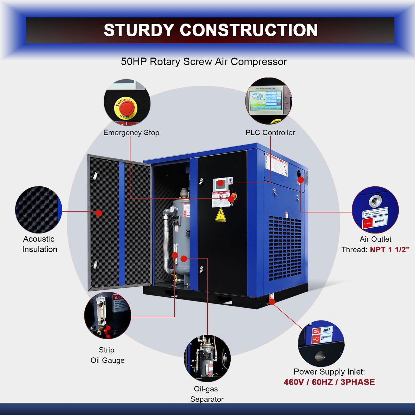 50HP Rotary Screw Air Compressor, 219CFM, 125PSI, 460V 3PHASE 60HZ, Fixed Speed Compressor, Industrial-Grade, Heavy Duty Air Compressed System
