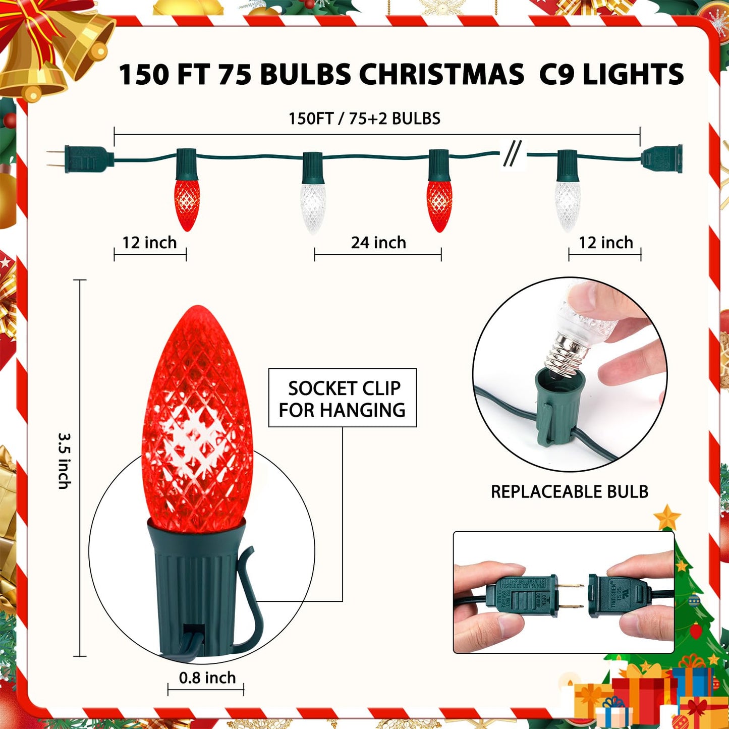 Minetom C9 LED Christmas String Lights, 150 FT, 75 LEDs, Waterproof, Red and Pure White, UL Certified for Indoor/Outdoor Decor