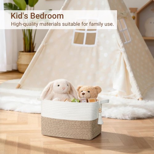 Mkono Woven Storage Basket - Decorative Cotton Rope Cube for Organizing Clothes & Toys | 13'' x 10'' x 9'', Brown & White