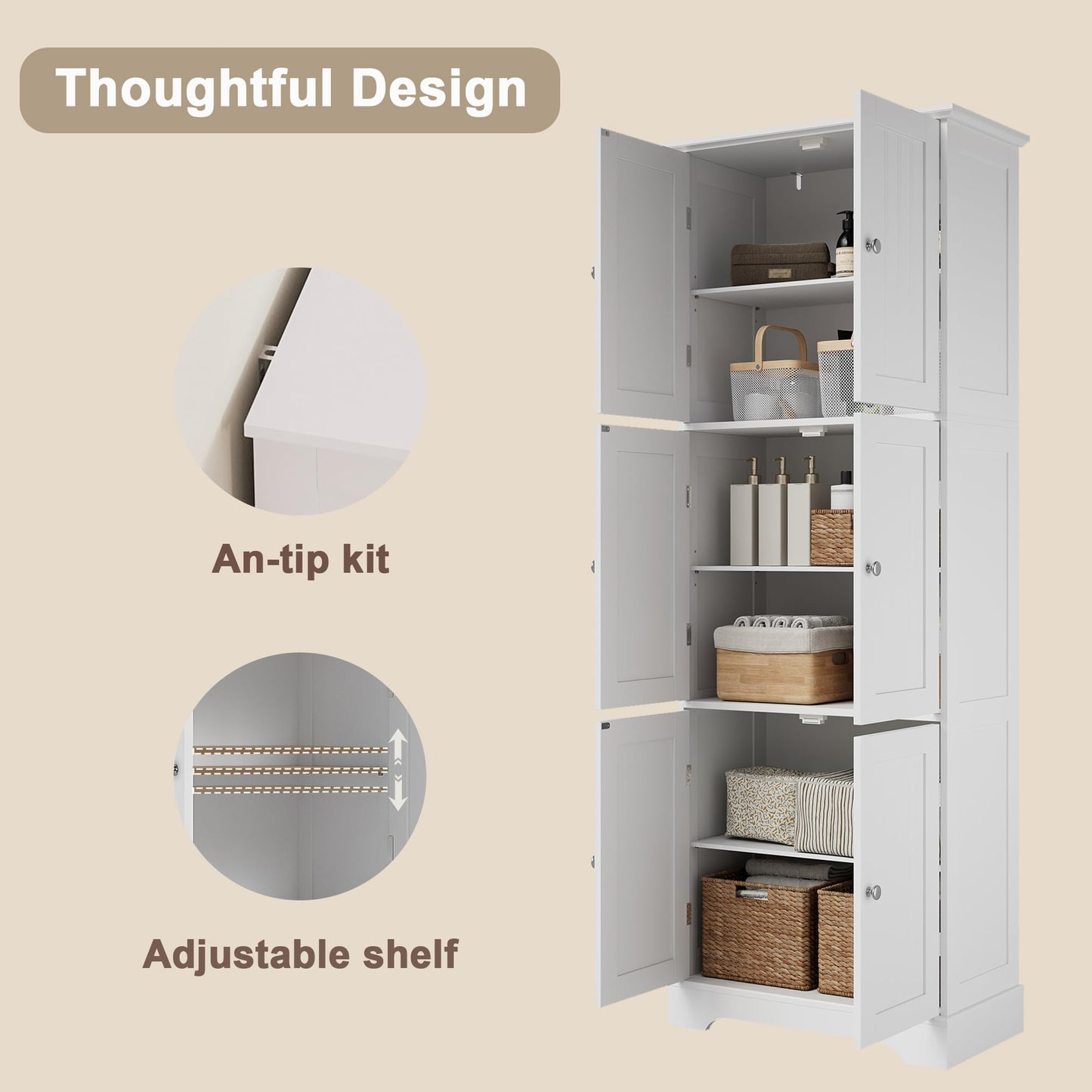 ChooChoo Tall Bathroom Storage Cabinet with 6 Doors, Freestanding Floor Cabinet with Adjustable Shelves, White Pantry Cabinet for Bathroom, Kitchen, Laundry Room