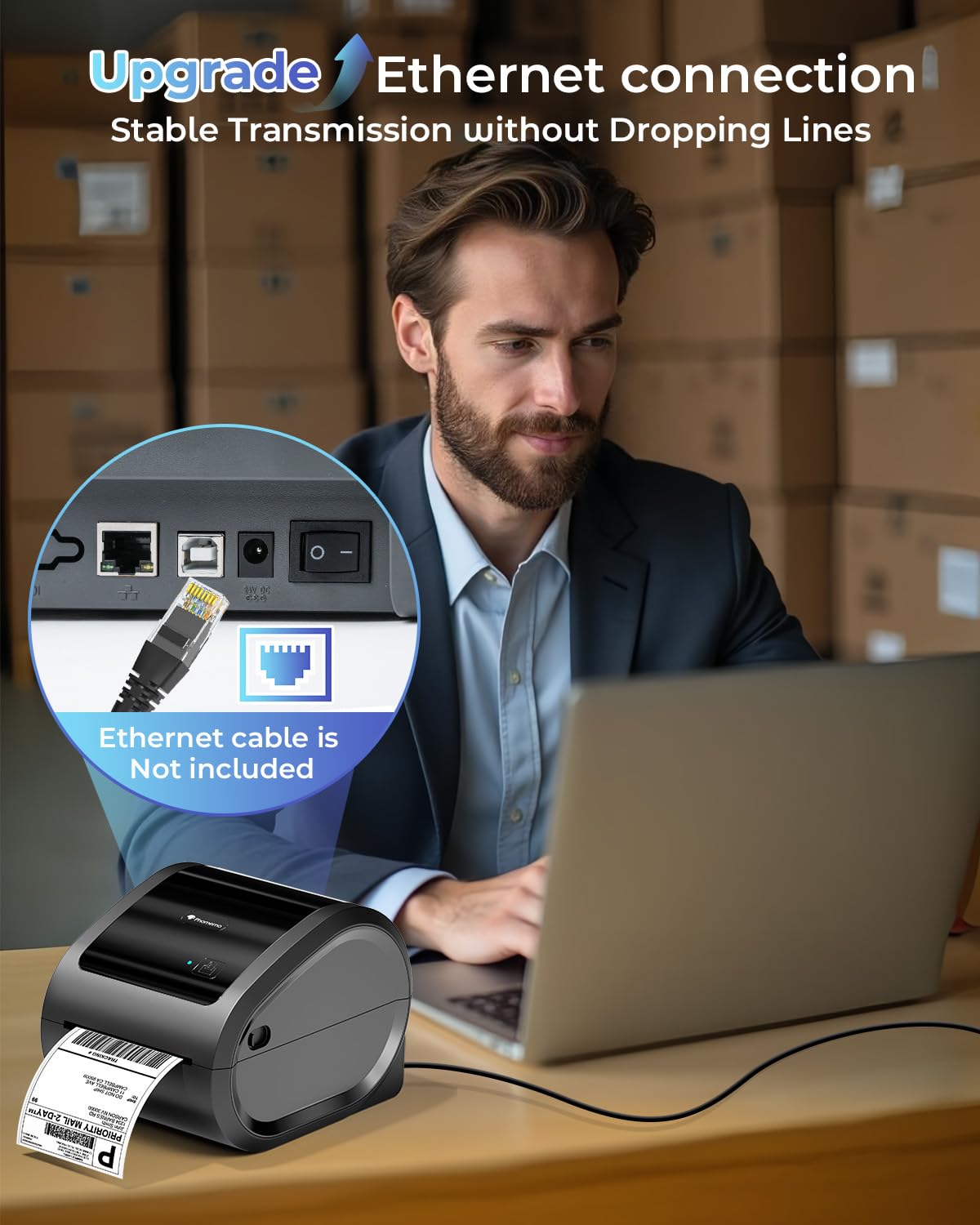 Phomemo Ethernet Thermal Label Printer 4x6, Bluetooth Shipping Label Printer for Small Business, Home, Office, 300DPI Wireless Thermal Printers Compatible with Ethernet/Bluetooth/USB, Etsy, USPS