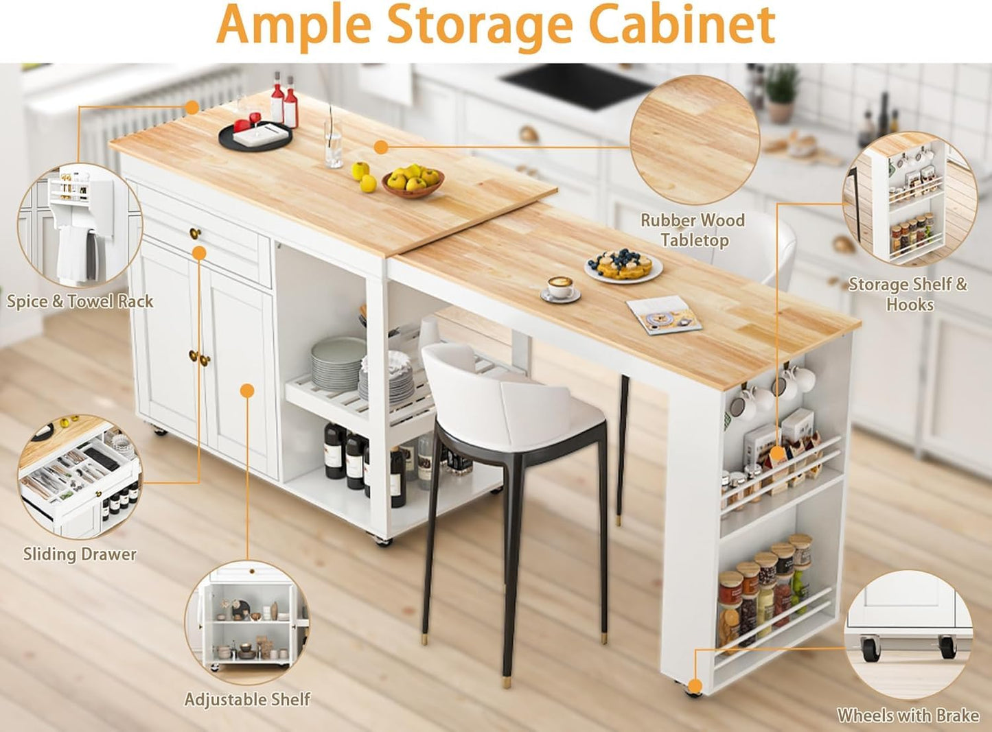 DalyLuxa 78"-49" Extendable Rolling Kitchen Island with Extended Dining Table, Mobile Kitchen Storage Islands with Storage Drawers, 2-Tier Storage Shelf, White