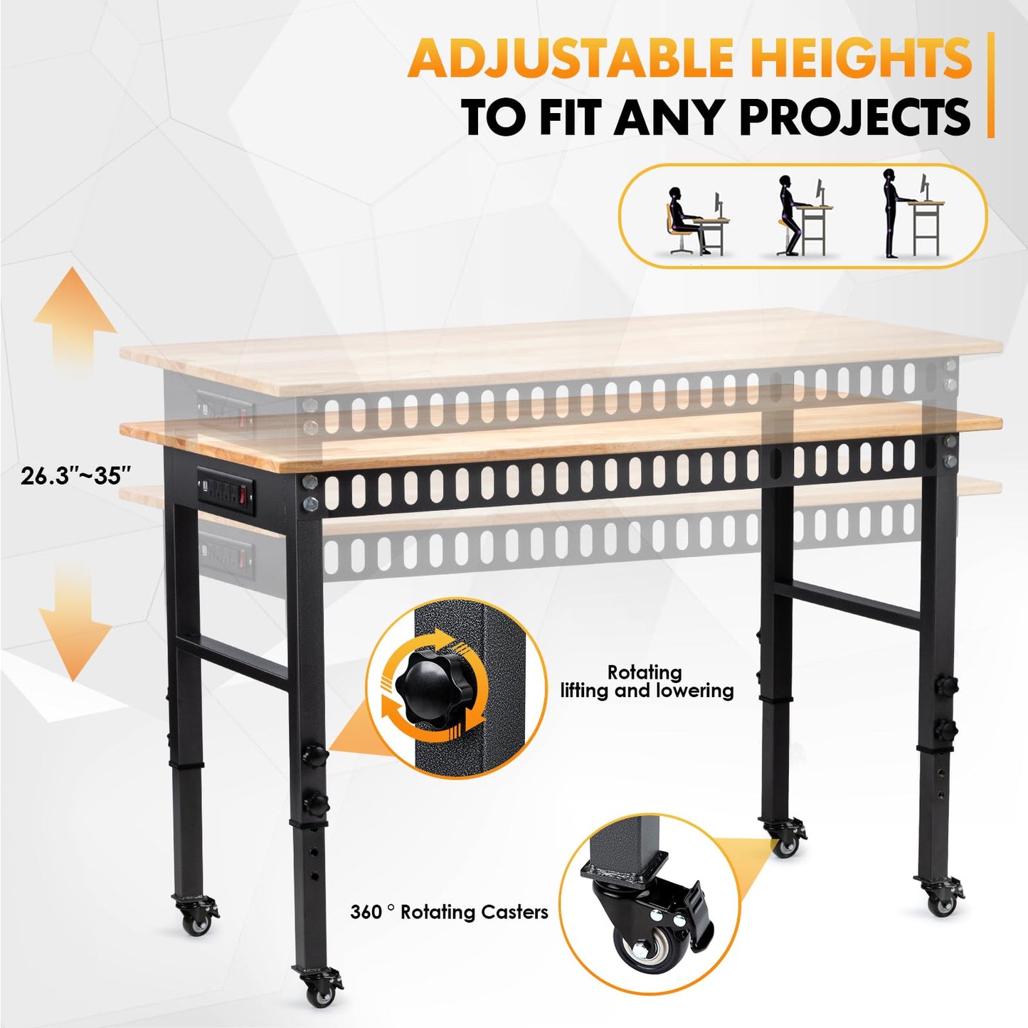 GVGBUK 48" Height Adjustable Workbench, 2000 LBS Load Capacity Rubber Wood Top Workstation, Heavy-Duty Hardwood Worktable for Garage Workshop (with Wheels and Socket,48'')