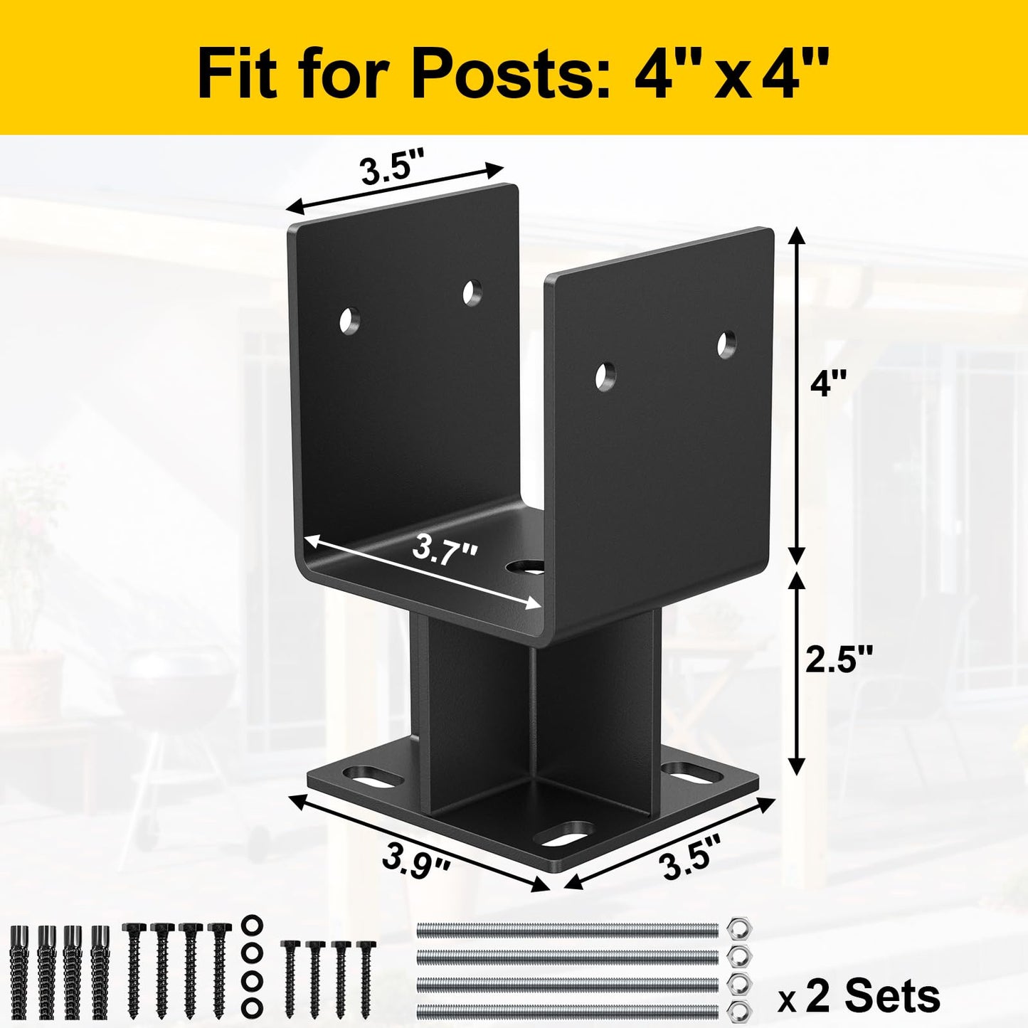 4"x 4" Concrete Post Base, 2Pcs Stainless Steel Adjustable Post Anchor Bracket (Internal 3.5 x 3.5), U-Shape Wood Post Base Holder for Pavilion Deck Porch Handrail Railing Support