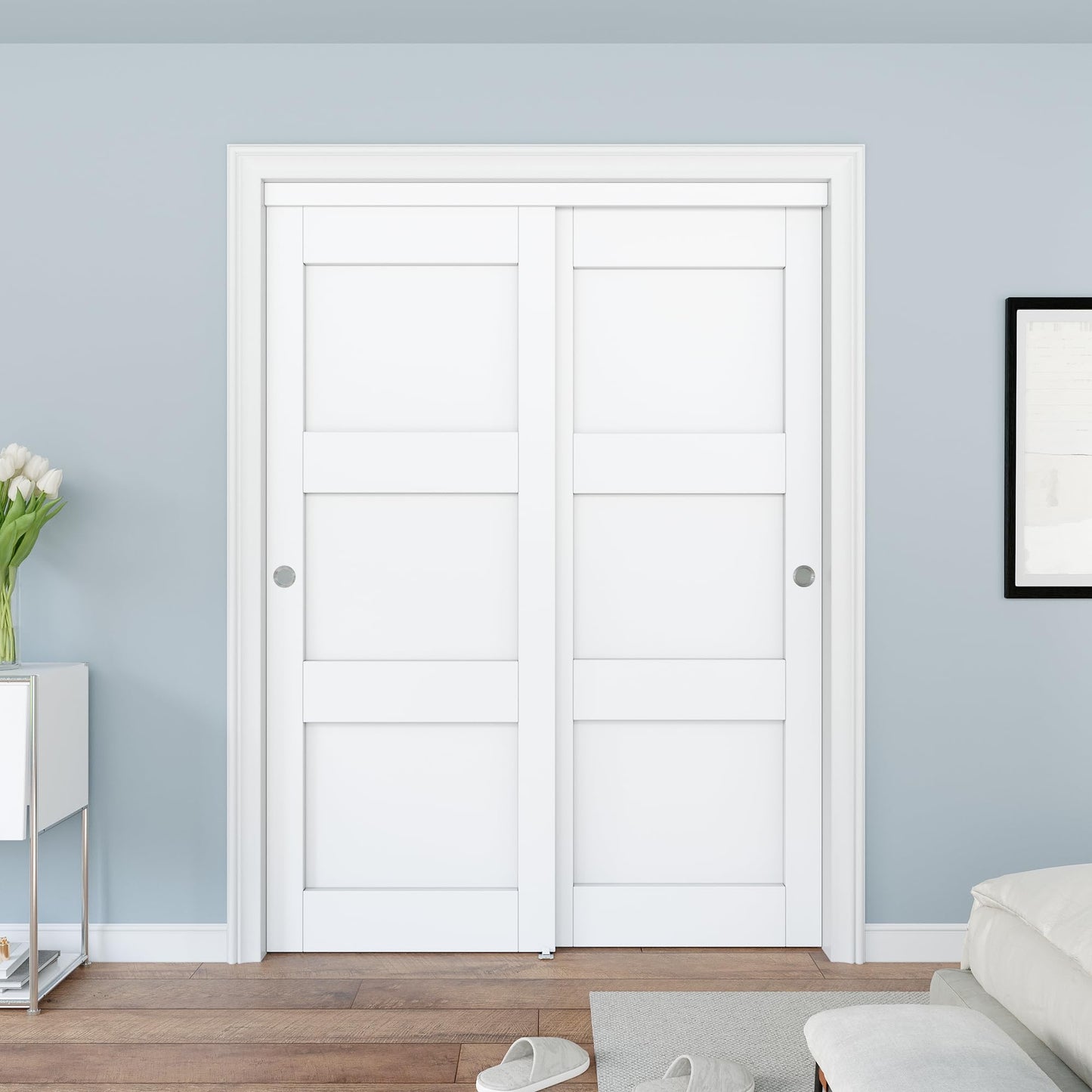 JUJUBON Closet Sliding Door, 60"×80"(Double Doors 31"), 3 Panel Sliding Door with Hardware Kit, Pre-Drilled Doors Panel, MDF with Paintable Surface, Need to Assemble, White