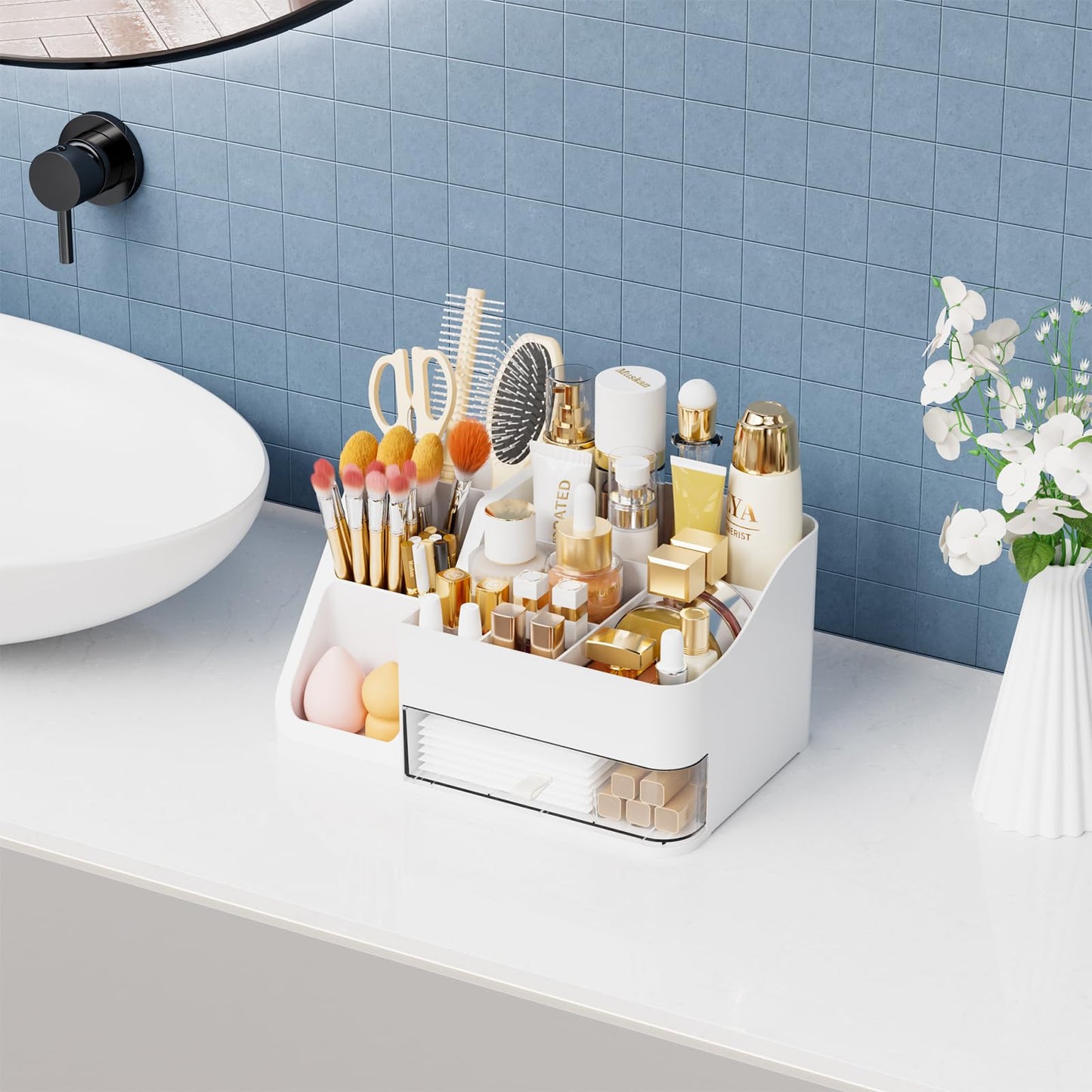 Yieach White Makeup Organizer Countertop,Large Cosmetics Storage Organizer for Make up Brush,Hair Products and Beauty Skincare Organizers,Plastic Makeup Holders and Organizers for Bathroom,Vanity,Desk
