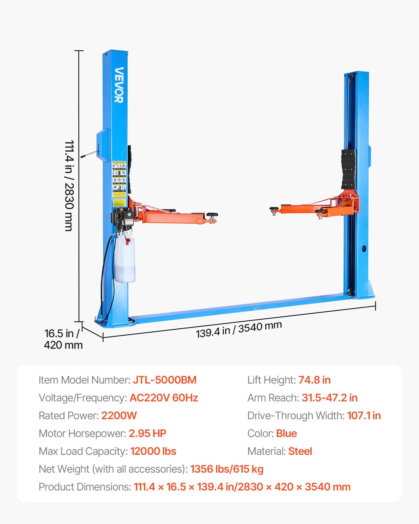 VEVOR 2 Post Car Lift 12000Lbs Capacity, 2.95HP Powerful Motor Auto Hoist, 220V Two Post Lift for Sedan SUV Pickup Truck, 74.8 Inch Height Automotive Lift for Home Garage Repair Workshop