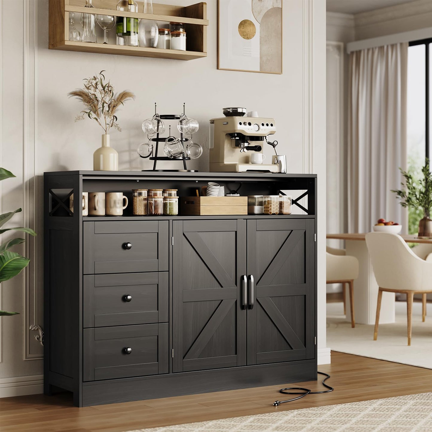 IDEALHOUSE 47" Buffet Cabinet Sideboard, Farmhouse Coffee Bar with Open Shelf, 2 Doors and 3 Drawers, Wood Wine Bar Storage Cabinet with Built-in Charging Station for Dining Room Living Room- Black