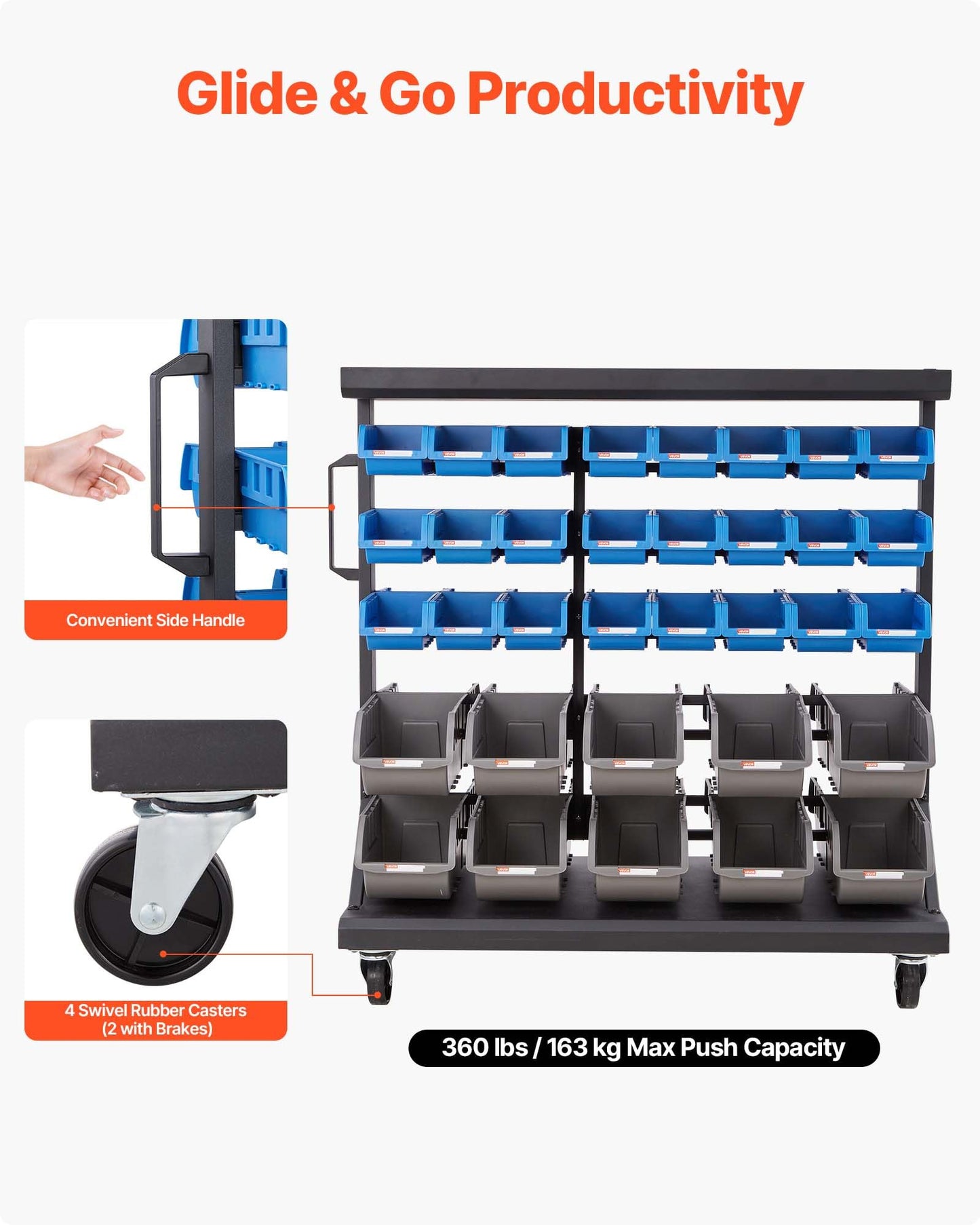 VEVOR 5-Tier Double-Sided Rolling Bin Storage Rack, 68 Plastic Bins, Dual-Sided Parts Organizer with Wheels, Mobile Tool Organizer for Garage, Warehouse, Office, Restaurant, Classroom, Kitchen