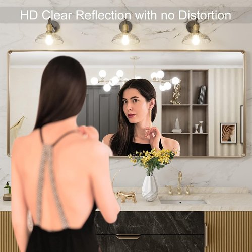 LOAAO Gold Bathroom Mirror - 72”x32” Rounded Rectangle Design | Wall-Mounted, Anti-Rust Tempered Glass
