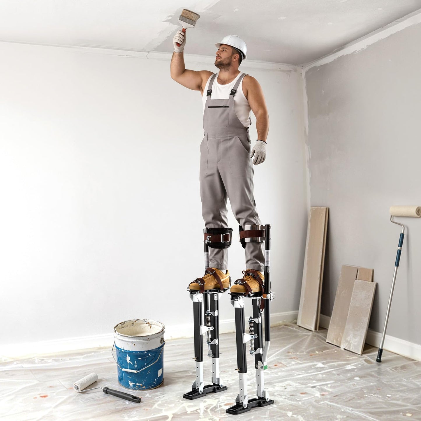 VEVOR Drywall Stilts, 19.1–31.1 in Adjustable Aluminum Painter Stilts, 228 lbs Load Capacity, Non-Slip Rubber Feet, Dual Spring Shock Absorption, Comfortable Leg Straps for Painting, Decoration, Black