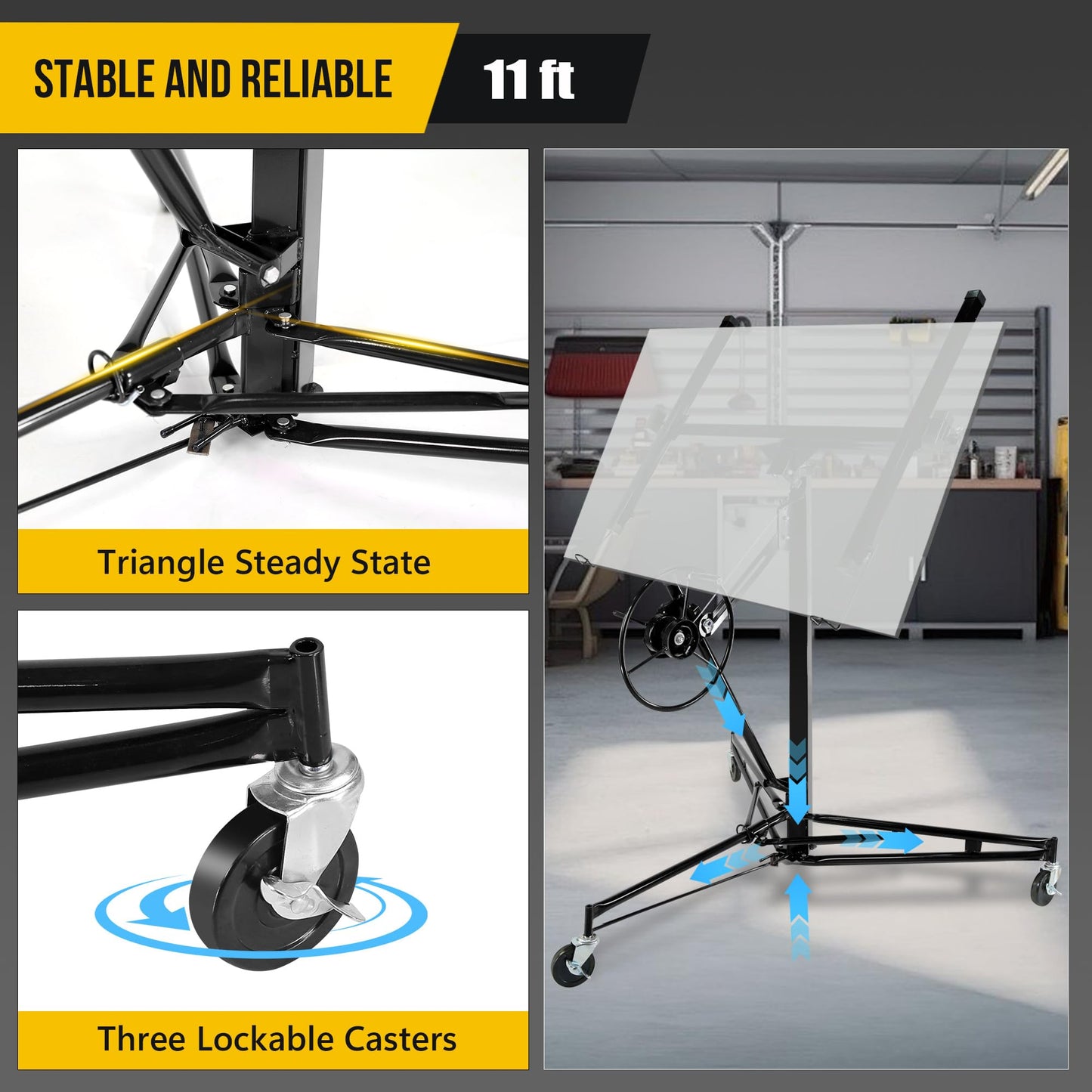 Drywall Lift, 150lb Drywall Lift Jack with Wheels - 11FT Adjustable Steel Sheetrock Hoist for Ceiling & Wall Installation - Heavy Duty Panel Lifter for Pros & Homeowners