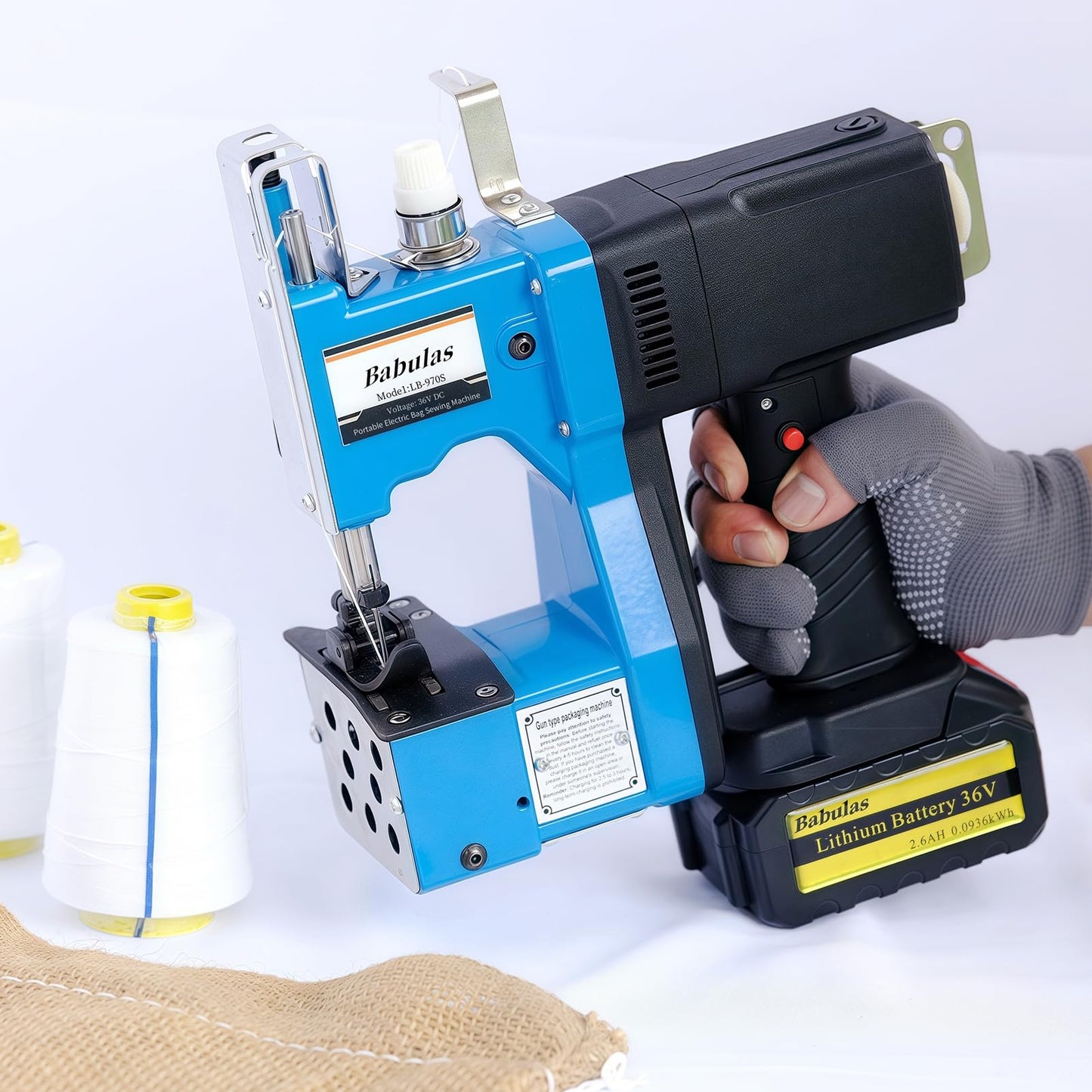 Cordless Bag Sewing Machine |PortableIndustrial Bag Closer |2-Second Fast Sealingfor Woven PP/Canvas/Jute Bags |Factory &Farm Bag Stitcher (Blue, Lithium Battery-36VDC)