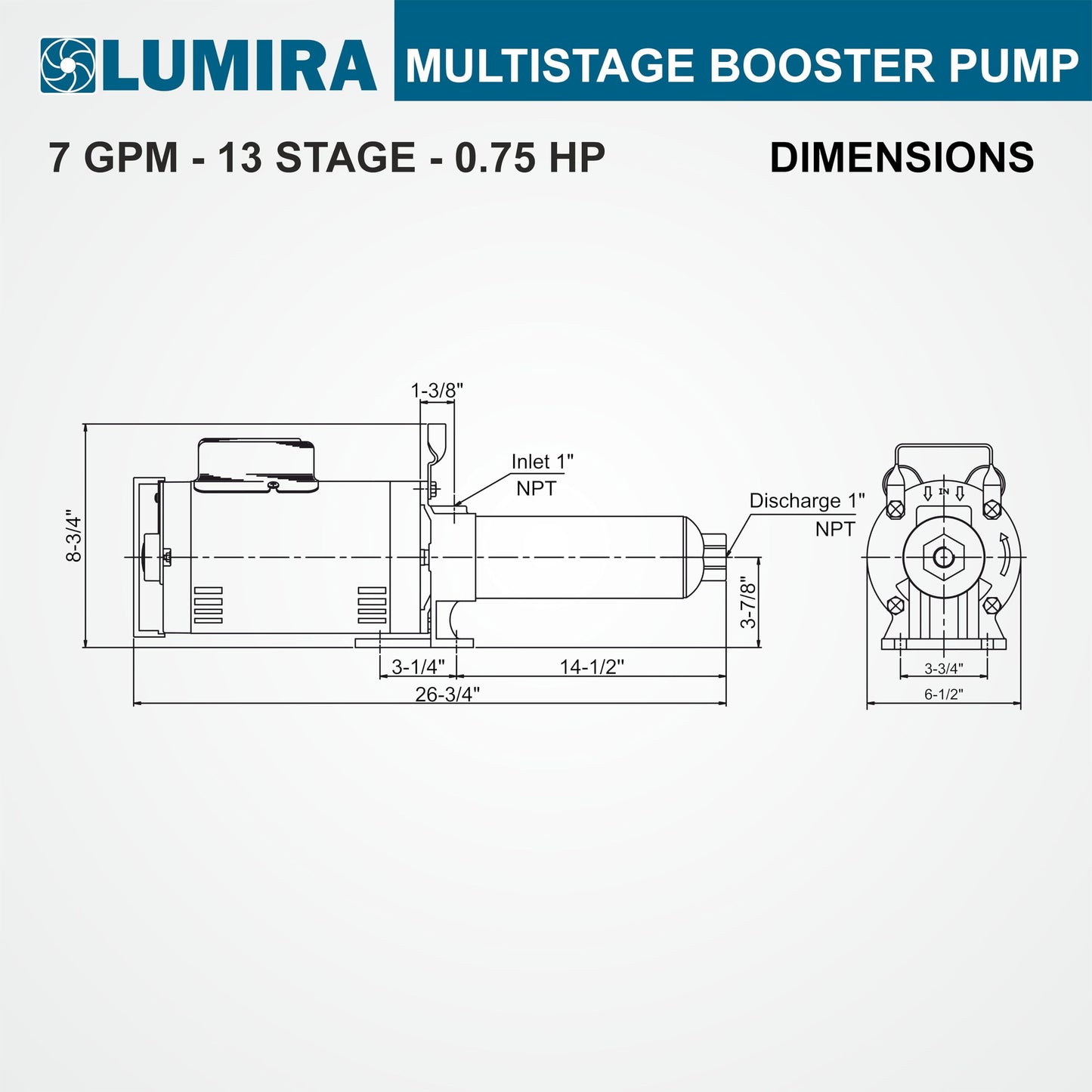 LUMIRA Multi stage booster pump - 07 GPM,13 STAGE, 3/4 hp, 115/230 Volts, 1 phase, 1" FNPT connections