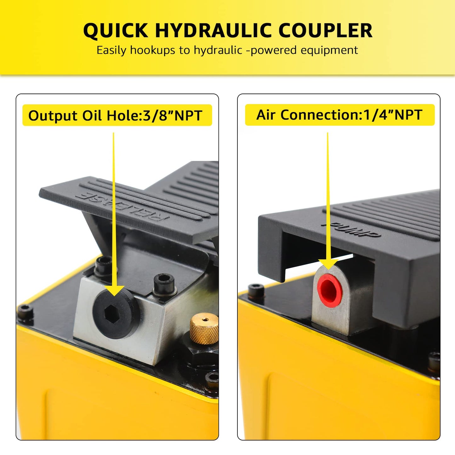 BESTOOL Air Hydraulic Pump, 10,000 PSI 1/2 Gal Reservoir, NPT 3/8" Oil Outlet, 2PCS Quick Connector, Foot Actuated Hydraulic Pump Air Treadle for Auto Body Frame Machines and Pulling Post, Yellow