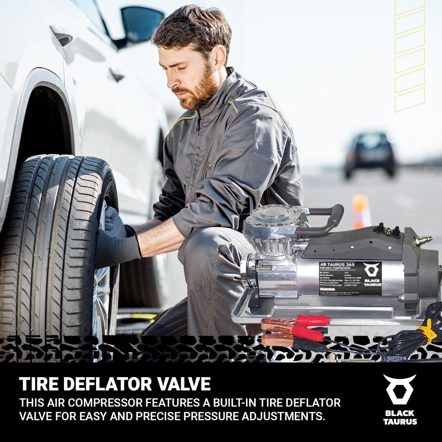 Black Taurus Portable Air Compressor - 12V Air Compressor / 24V 150 PSI for Car, Truck & 4x4, Dual Motor Heavy Duty Tire Inflator, Tire Inflator with Gauge, Long Air Hose - Air Compressor 369